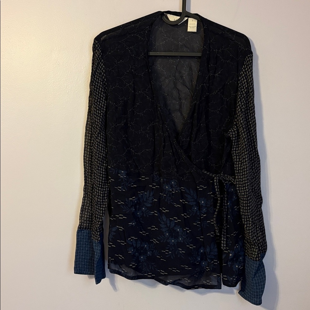 J. Jill Patchwork Floral Wrap Blue Semi Sheer Blouse size 8